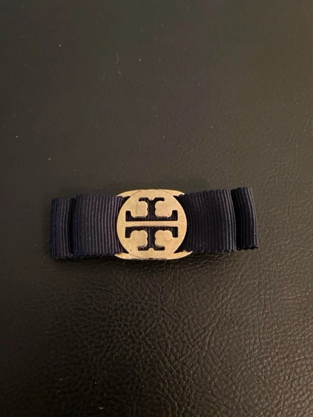 Tory Burch Navy Ribbon Hair Barrette with Gold Logo